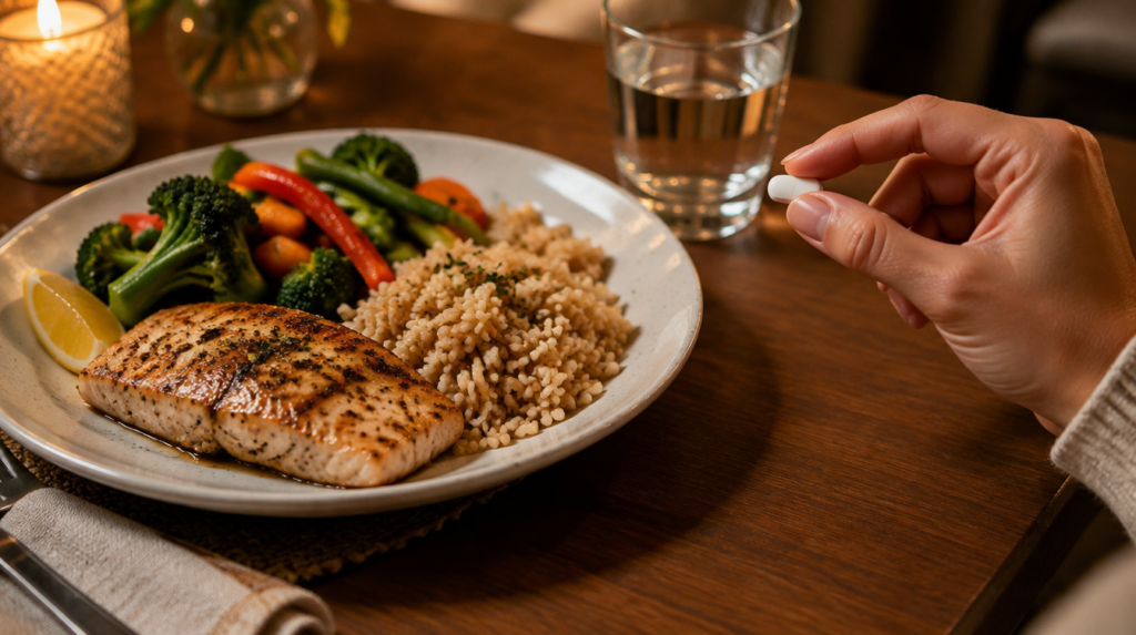 Mão segurando um comprimido branco alongado sobre a mesa ao lado de um prato com peixe grelhado, arroz integral e legumes