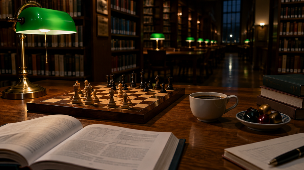 Mesa de estudo em biblioteca à noite com tabuleiro de xadrez, livro aberto, café e um pratinho de cápsulas sob luminária verde