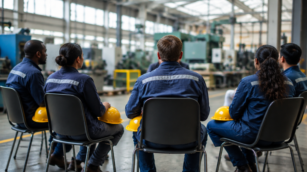 Trabalhadores de uniforme, de costas, sentados em roda em área de descanso de fábrica com os capacetes sobre os joelhos