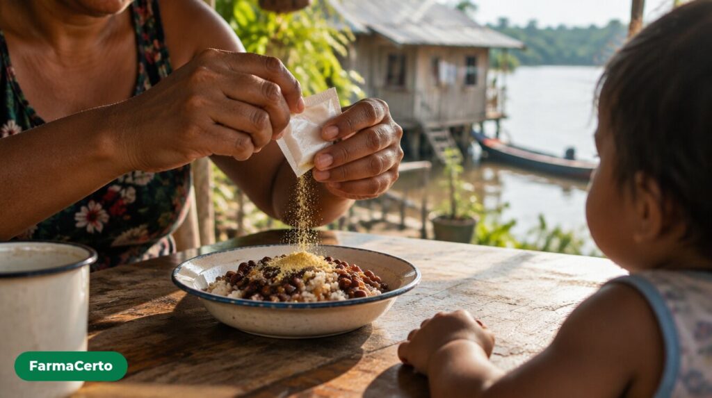 Mãe adiciona sachê de vitaminas à comida de criança pequena
