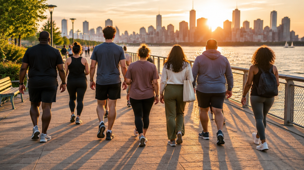 Grupo de pessoas de diferentes biotipos, de costas, caminhando juntas em uma orla urbana ao entardecer
