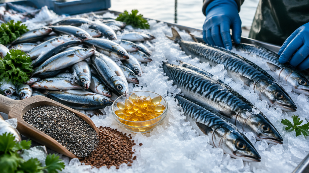 Sardinhas e cavalinhas sobre gelo em banca de peixaria, com pratinho de cápsulas douradas de óleo de peixe e sementes de chia e linhaça