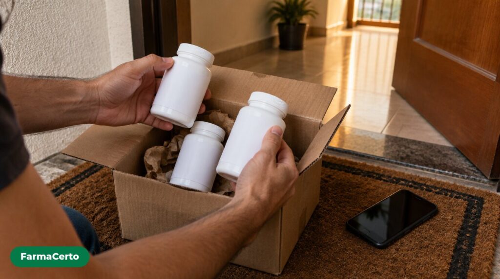 Mãos retirando frascos de suplemento sem rótulo de uma caixa de entrega na porta de um apartamento.