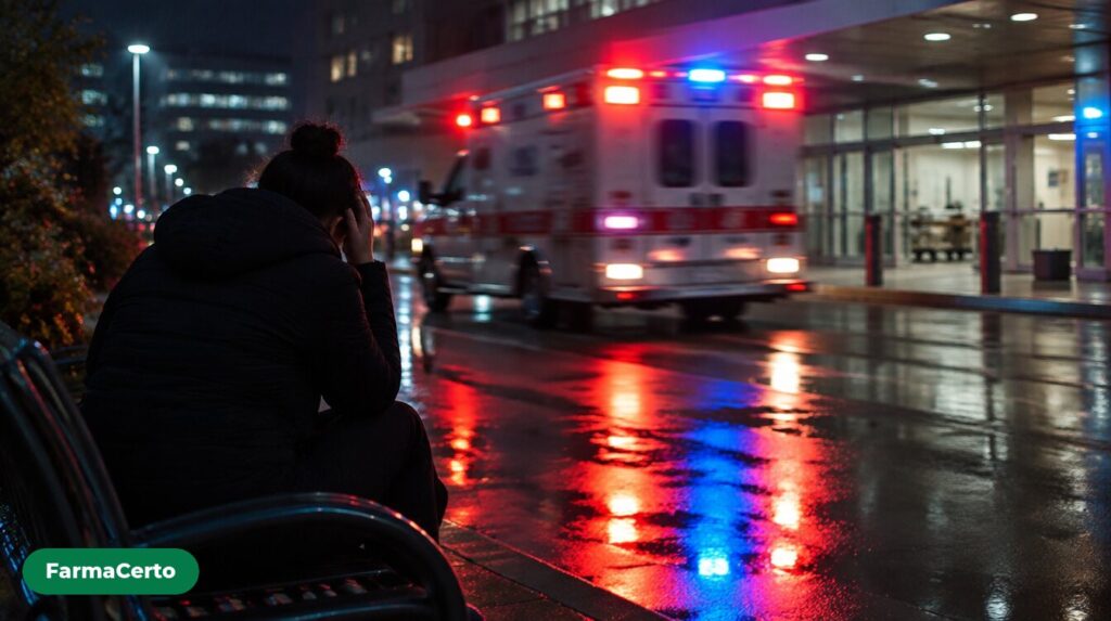 Ambulância com luzes acesas na entrada de emergência de um hospital à noite e pessoa de costas sentada em um banco