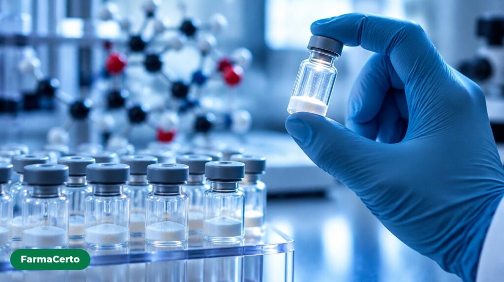 Mão enluvada segurando contra a luz um frasco de vidro com pó liofilizado, com outros frascos sem rótulo em laboratório