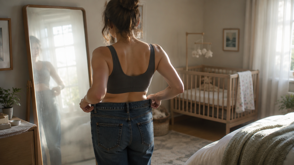 Mulher de costas diante do espelho do quarto segurando uma calça jeans antiga na cintura, com berço ao fundo