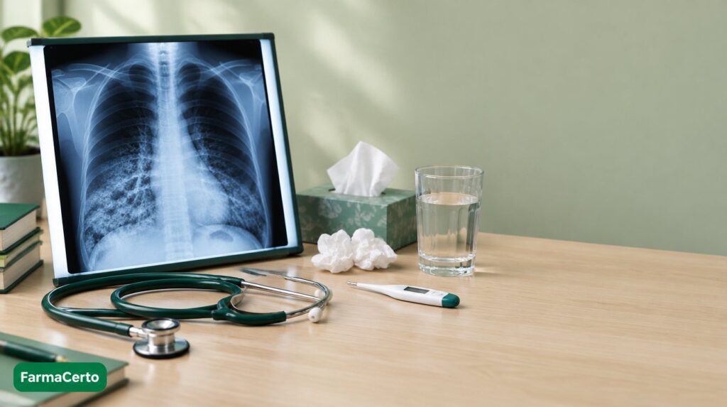 Radiografia de tórax mostrando os pulmões ao lado de estetoscópio e termômetro, representando a pneumonia