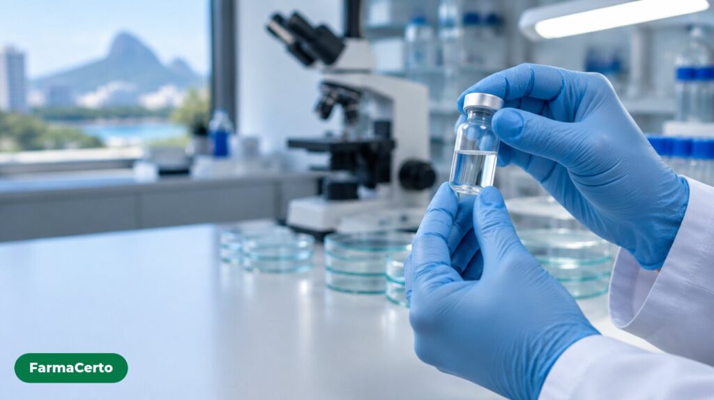 Mãos com luvas seguram um frasco com líquido transparente em laboratório de pesquisa