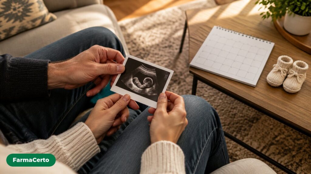 Mãos de um casal segurando uma imagem de ultrassom no sofá, com calendário e sapatinhos de bebê na mesa