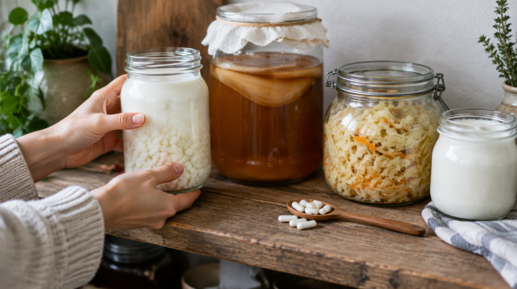Kefir, kombucha, chucrute e iogurte natural em prateleira rústica, com cápsulas de probiótico em uma colher e mãos pegando o pote de kefir