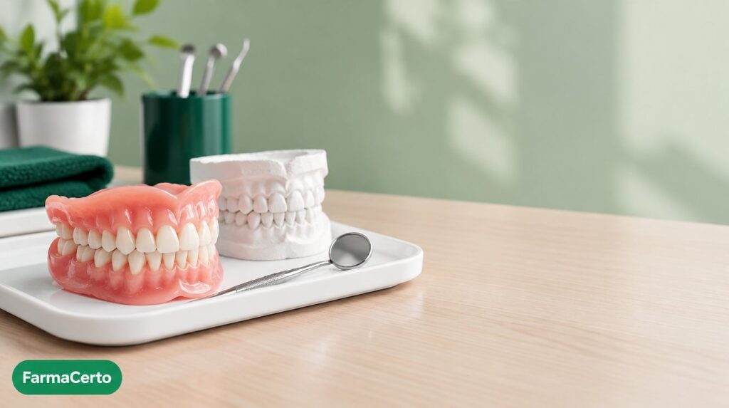 Prótese dentária total (dentadura) sobre bandeja ao lado de um molde de gesso, representando a prótese dentária gratuita pelo SUS