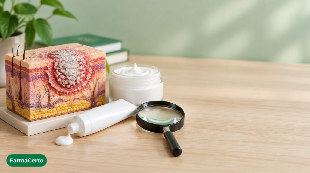 Modelo de pele com placa vermelha e escamas prateadas de psoríase, tubo de pomada sem rótulo, pote de hidratante e lupa de dermatologia