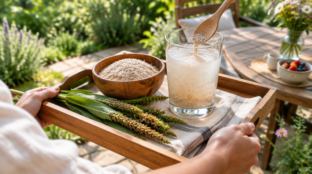 Casca de psyllium em tigela de madeira e copo de água com a fibra dissolvida, em bandeja de café da manhã levada ao jardim