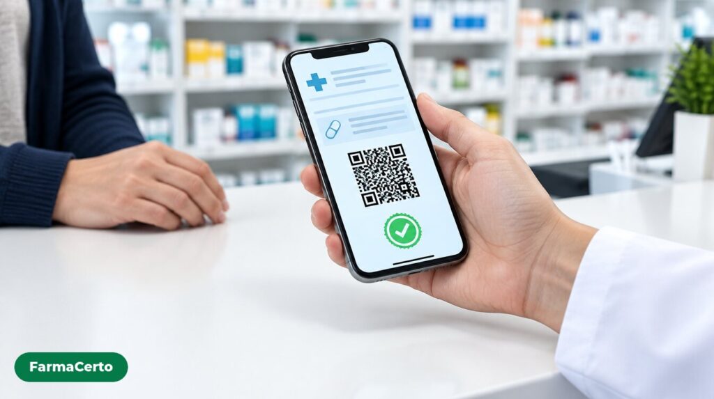 Farmacêutico confere no celular uma receita digital com QR code e selo de validado no balcão da farmácia