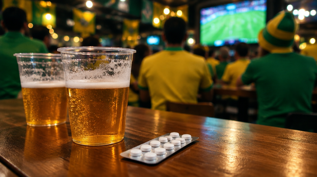 Copos de cerveja e cartela de comprimidos lado a lado na mesa de um bar, com torcedores de verde e amarelo desfocados ao fundo