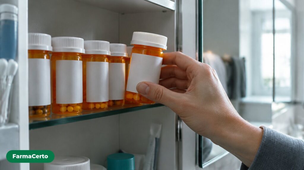 Frascos laranja de medicamentos com rótulos em branco na prateleira do armário do banheiro, com mão pegando um deles