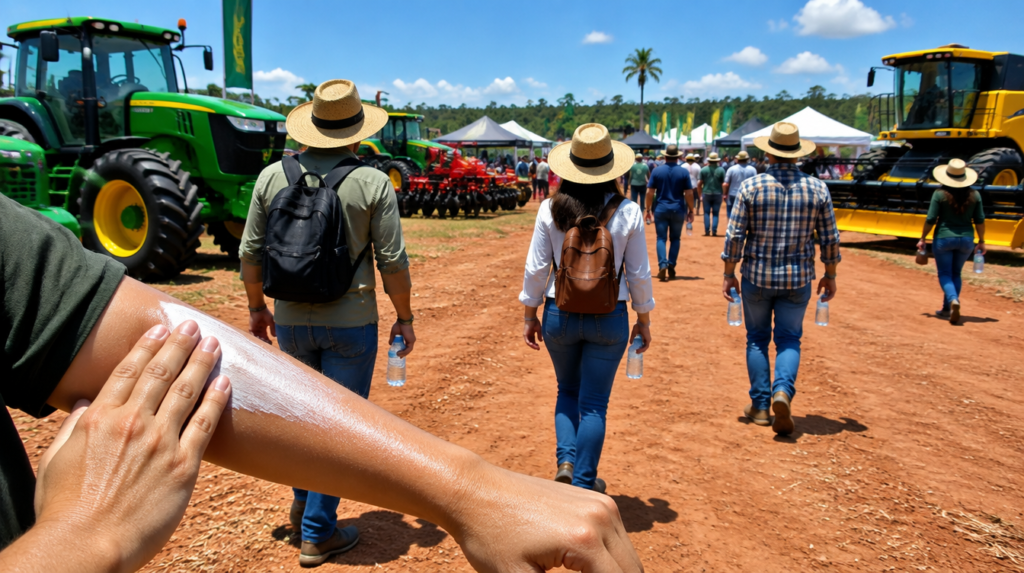 Feira agropecuária sob sol forte com tratores expostos e visitantes de costas com chapéu de palha, e mão passando protetor solar no braço