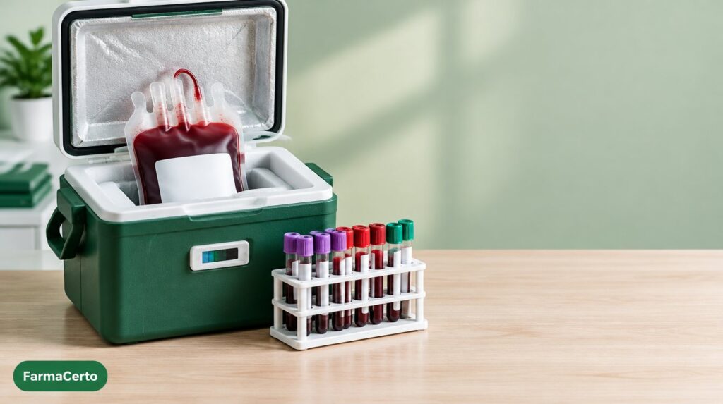 Bolsa de sangue em caixa térmica de transporte ao lado de tubos de amostra, representando o envio de sangue raro pelo SUS