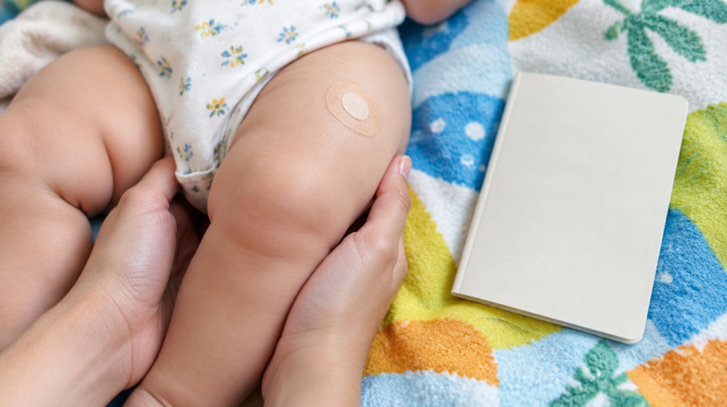 Close-up da coxa de um bebê com curativo redondo após a vacina, com as mãos de um responsável segurando as perninhas