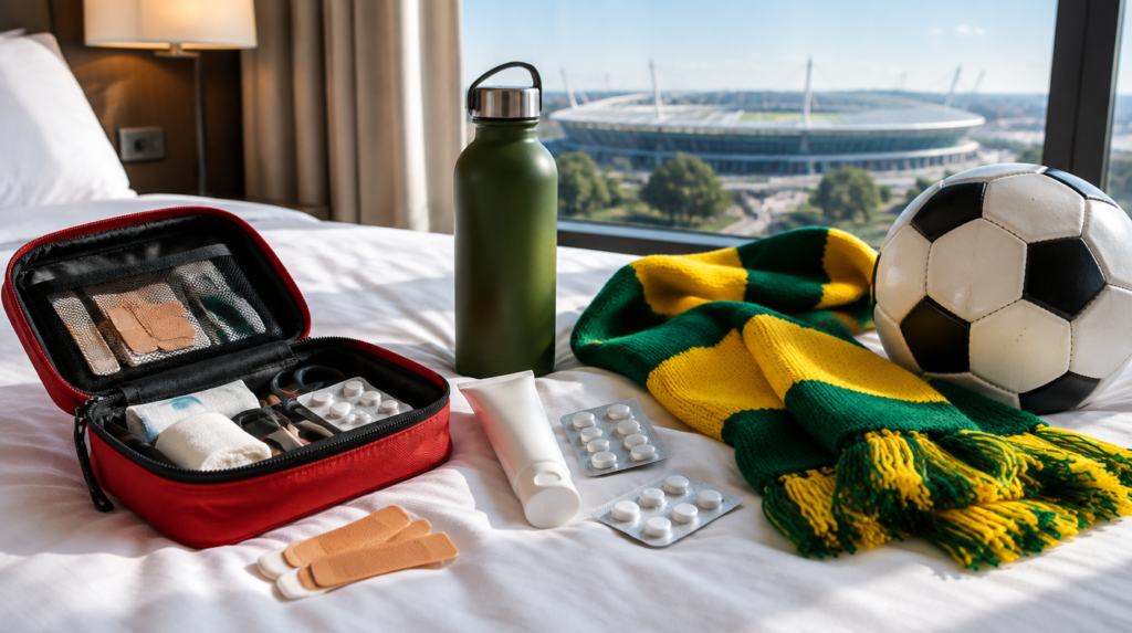 Kit de primeiros socorros de viagem aberto na cama do hotel ao lado de cachecol verde e amarelo e bola de futebol