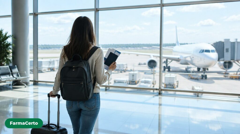 Viajante de costas com mochila e mala no saguão do aeroporto, segurando documentos de viagem e olhando um avião pela janela