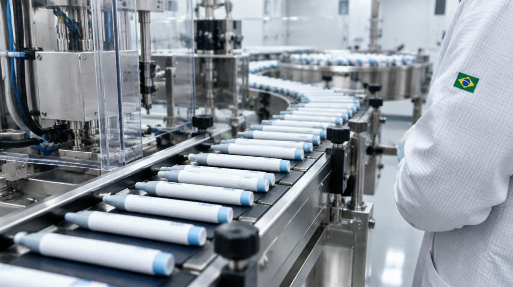Linha de produção farmacêutica em sala limpa com canetas aplicadoras sem marca na esteira