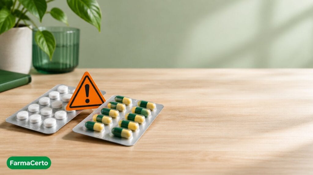 Duas cartelas de medicamentos com placa de alerta entre elas