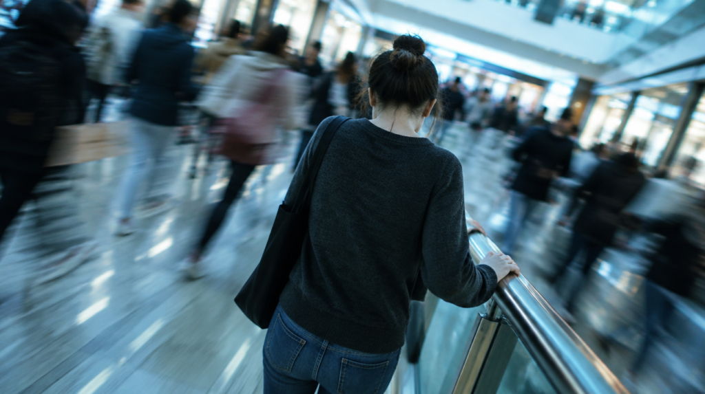 Pessoa de costas em corredor de shopping lotado, com a mão no peito e a outra apoiada no corrimão, e a multidão desfocada
