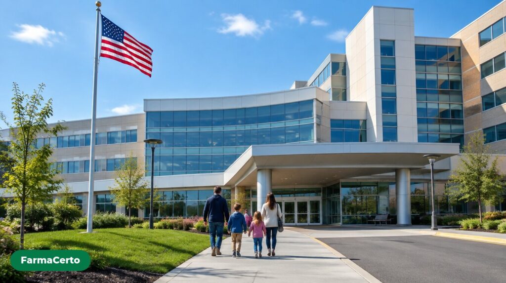 Fachada de hospital americano moderno com bandeira dos EUA e família de costas caminhando até a entrada