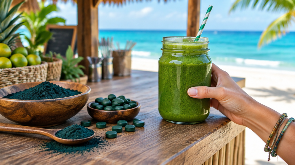 Spirulina em pó e em tabletes ao lado de uma vitamina verde segurada por uma mão em quiosque de praia