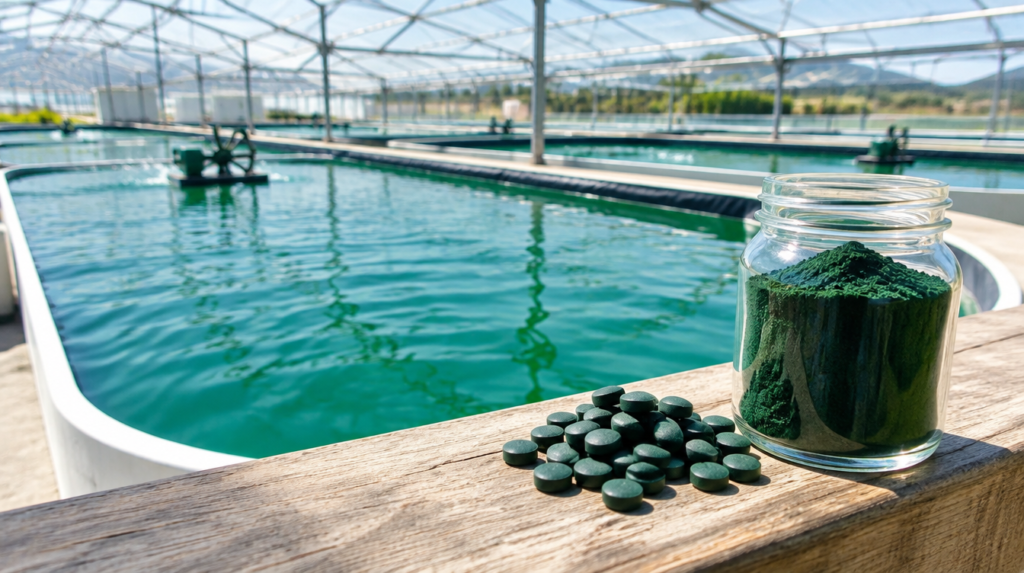 Tanques de cultivo de spirulina com água verde-azulada, com pote de spirulina em pó e tabletes em primeiro plano
