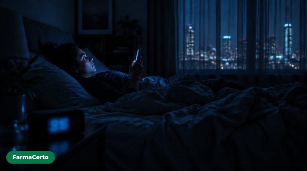 Adulto deitado acordado de madrugada em um quarto escuro, iluminado apenas pela luz azul do celular.