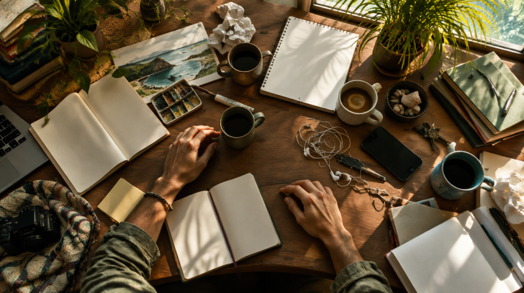 Mesa de trabalho vista de cima em desordem, com cadernos abertos, canecas de café e mãos indecisas entre as tarefas