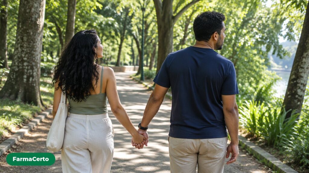 Casal adulto de costas caminhando de mãos dadas em um parque arborizado, com um dos dois olhando distraído para o lado.