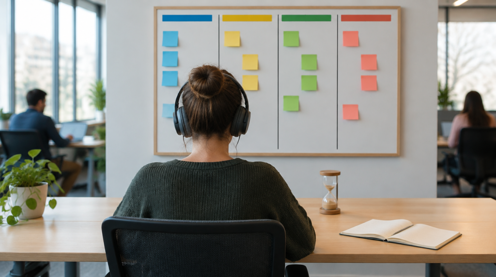 Profissional de costas com fones de ouvido diante de um quadro kanban com notas coloridas, com ampulheta e caderno na mesa organizada