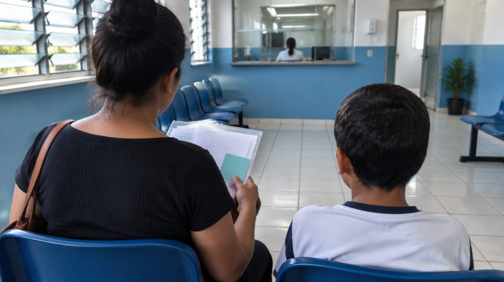 Responsável e criança de costas sentados na sala de espera de uma unidade de saúde pública, com pasta de documentos e cartão na mão