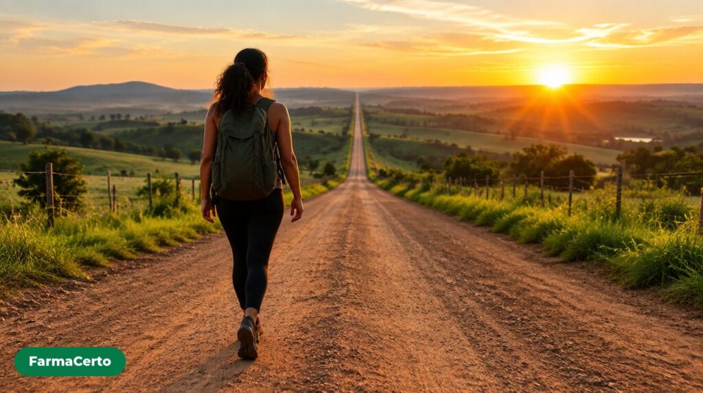 Mulher de costas com mochila caminhando por uma longa estrada de terra no campo ao amanhecer.