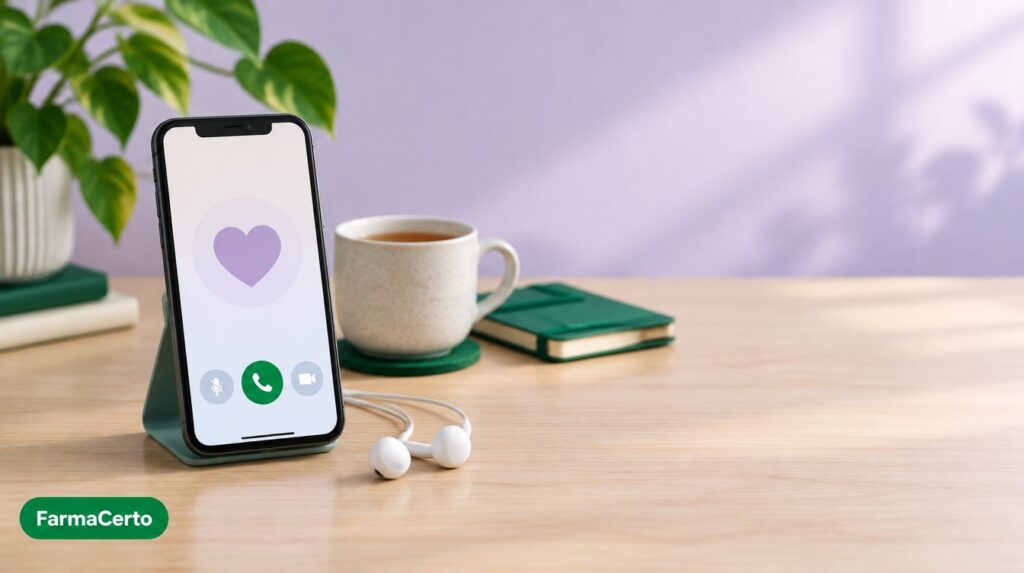 Celular em suporte com tela de videochamada, fones de ouvido e xícara de chá, representando o teleatendimento em saúde mental para mulheres pelo SUS