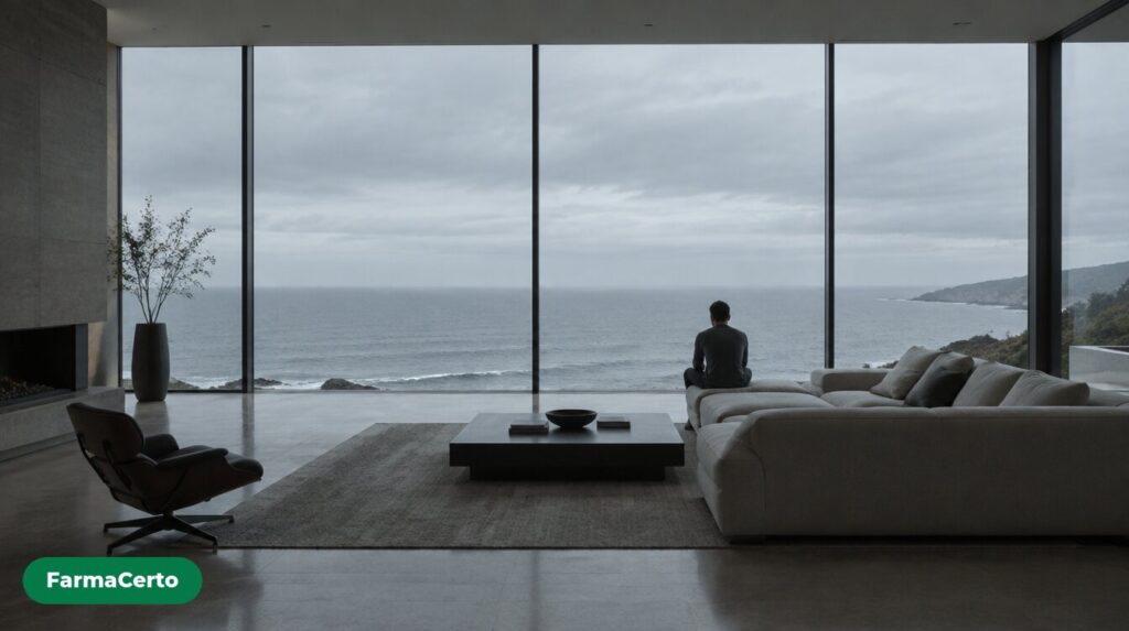 Homem sozinho, visto de costas, sentado na ponta de um sofá em uma sala ampla com vista para o mar em manhã nublada.