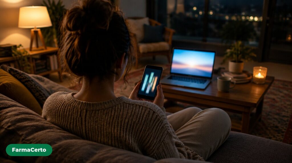 Pessoa de costas sentada no sofá à noite olhando o celular, com notebook aceso na mesa de centro