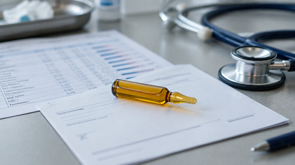 Ampola âmbar de solução oleosa sobre um receituário, ao lado de exame de sangue e estetoscópio em mesa de consultório