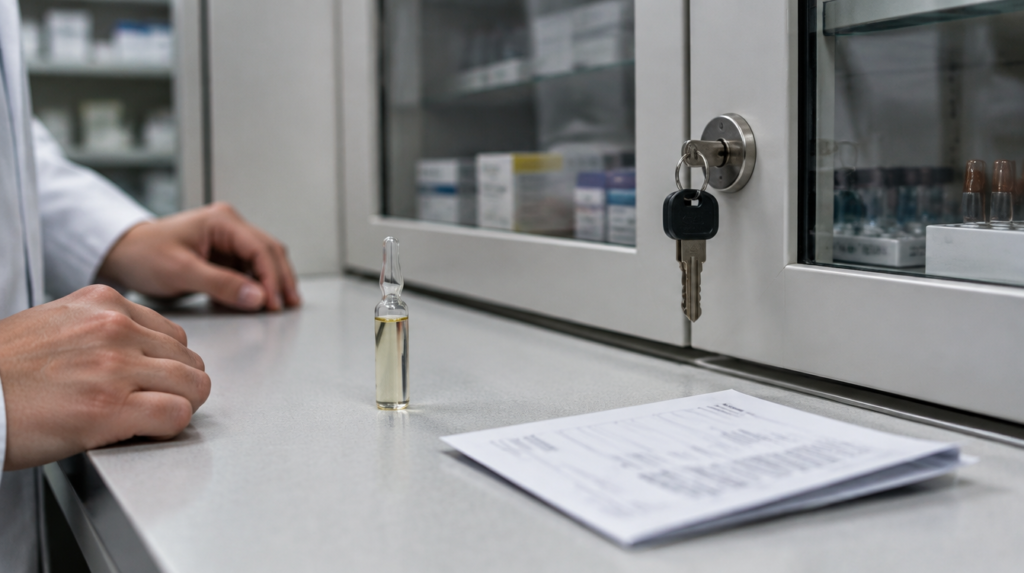 Ampola de solução oleosa injetável ao lado de armário de medicamentos controlados trancado, com molho de chaves e receita dobrada