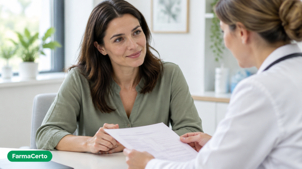 Paciente conversa com profissional sobre um exame, com assinatura FarmaCerto no canto inferior esquerdo.