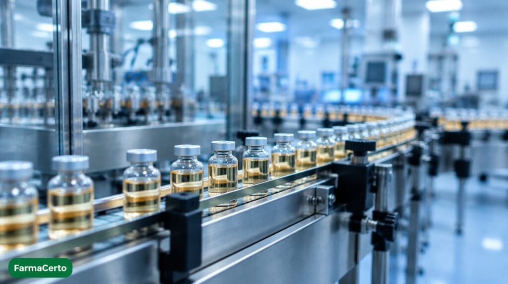 Linha de produção de frascos de imunoglobulina em fábrica farmacêutica no Brasil