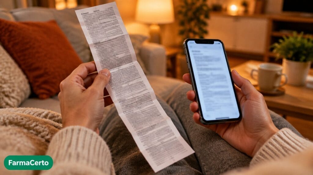 Mãos abrindo bula de medicamento e consultando o bulário online no celular