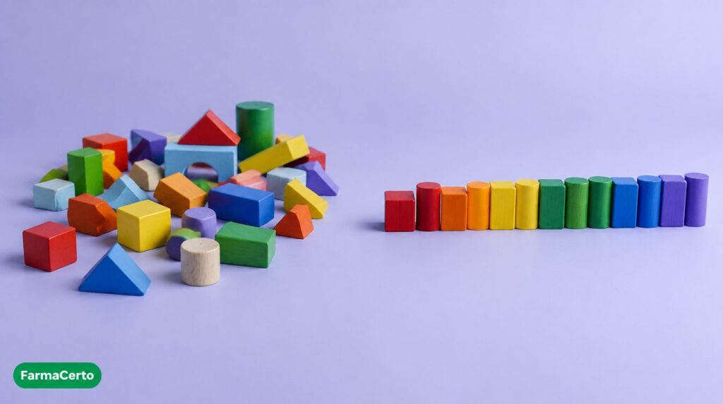 Blocos coloridos espalhados de um lado e alinhados do outro, simbolizando a diferença entre TDAH e TEA