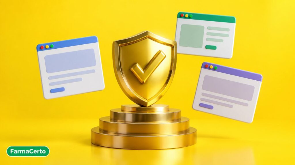 Escudo dourado com selo de verificação representando os sites de saúde mais confiáveis do Brasil
