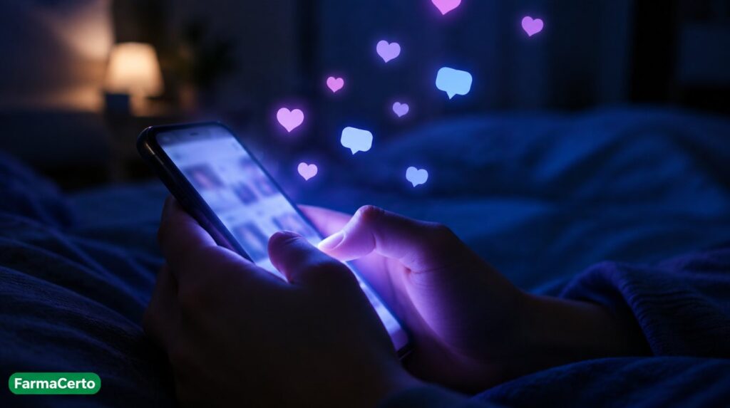 Mãos segurando celular no escuro com ícones de redes sociais, representando o autodiagnóstico de TDAH pelas redes sociais