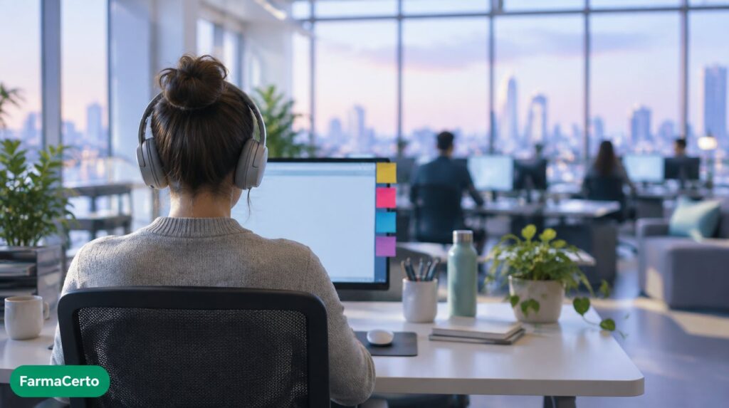Pessoa de costas com fones de ouvido em escritório, representando ajustes para TDAH no trabalho