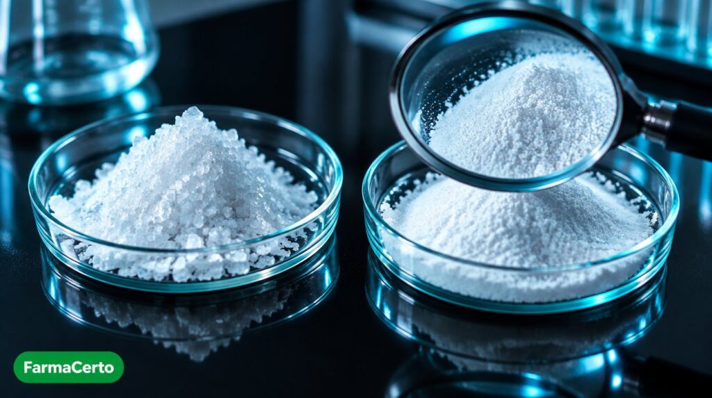 Dois recipientes de vidro com pó branco e lupa, comparando creatina monohidratada e Creapure